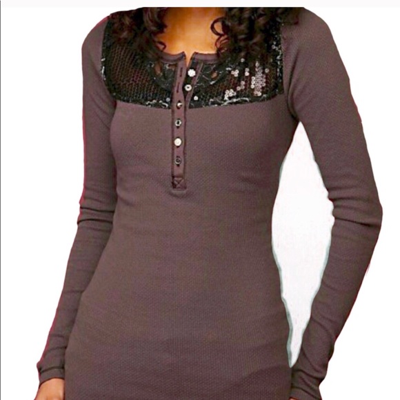 🌺 Free People Sequin Placker Henley Thermal - Picture 1 of 7